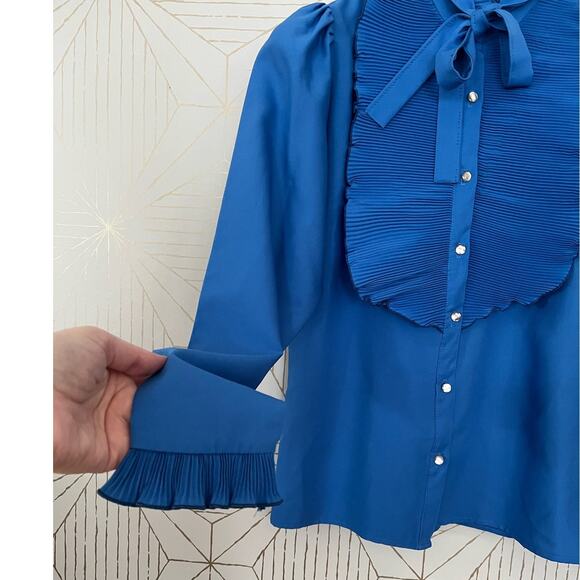 Vintage Lisa Stevens Blue Ruffle Secretary Bow Blouse ILGWU size Medium - Picture 7 of 15